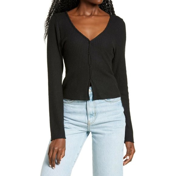 Socialite Tops - Socialite Skivvy Ribbed Cardigan Juniors Black Long Sleeve Button Front Knit NEW